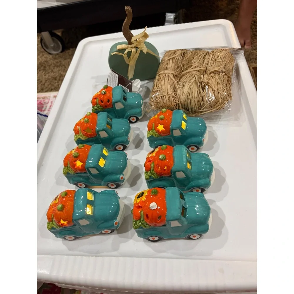 Fall Harvest Decor Lot Teal Ceramic Light Up Pumpkin Trucks Raffia Wood Pumpkin